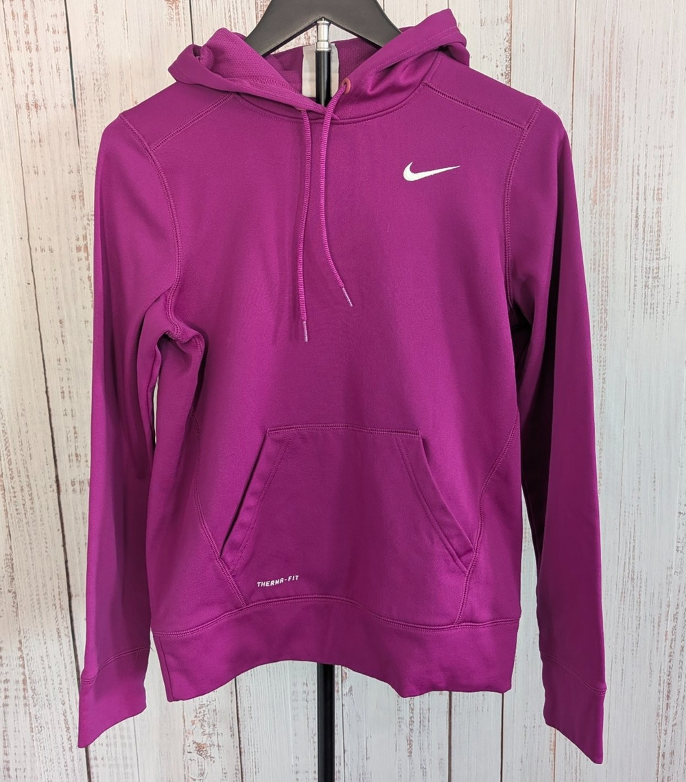 Nike Therma-FIT Hoodie Womens Medium Magenta Purple White Swoosh Fleece Pullover